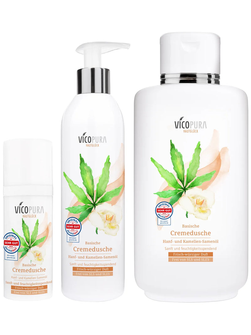 VICOPURA Basische Cremedusche frisch-würziger Duft mit exquisitem Hanfsamen- und Kameliensamenöl, frei von SLS/SLES
